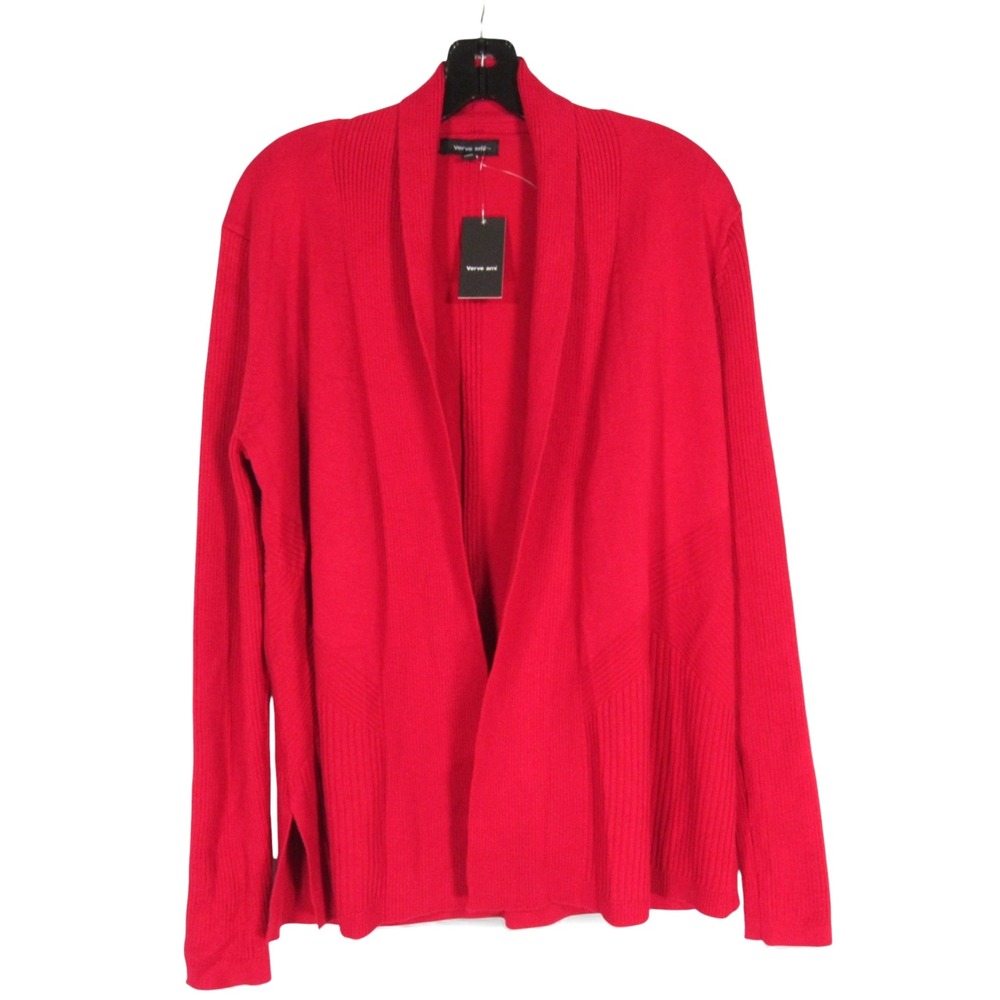 NWT VERVE AMI Lightweight JESTER RED Open Front RIBBED Trim SWEATER CARDIGAN L